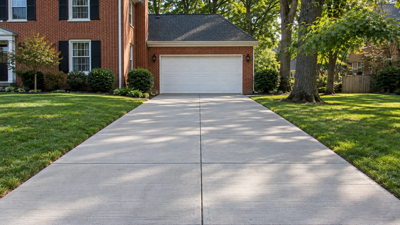 Finished concrete driveway with control joints at the same brick home