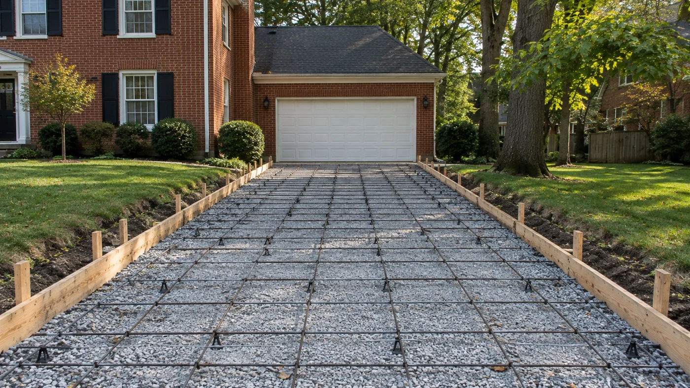 Driveway formed with rebar over gravel before the pour at a brick home