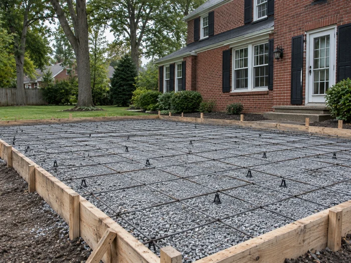 Slab formed with wood forms and a rebar grid over compacted gravel, ready to pour