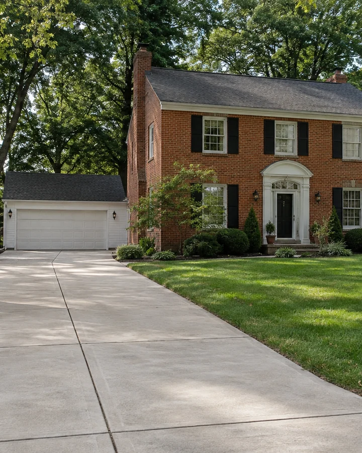 New broom finish concrete driveway leading to the garage of a red brick colonial home
