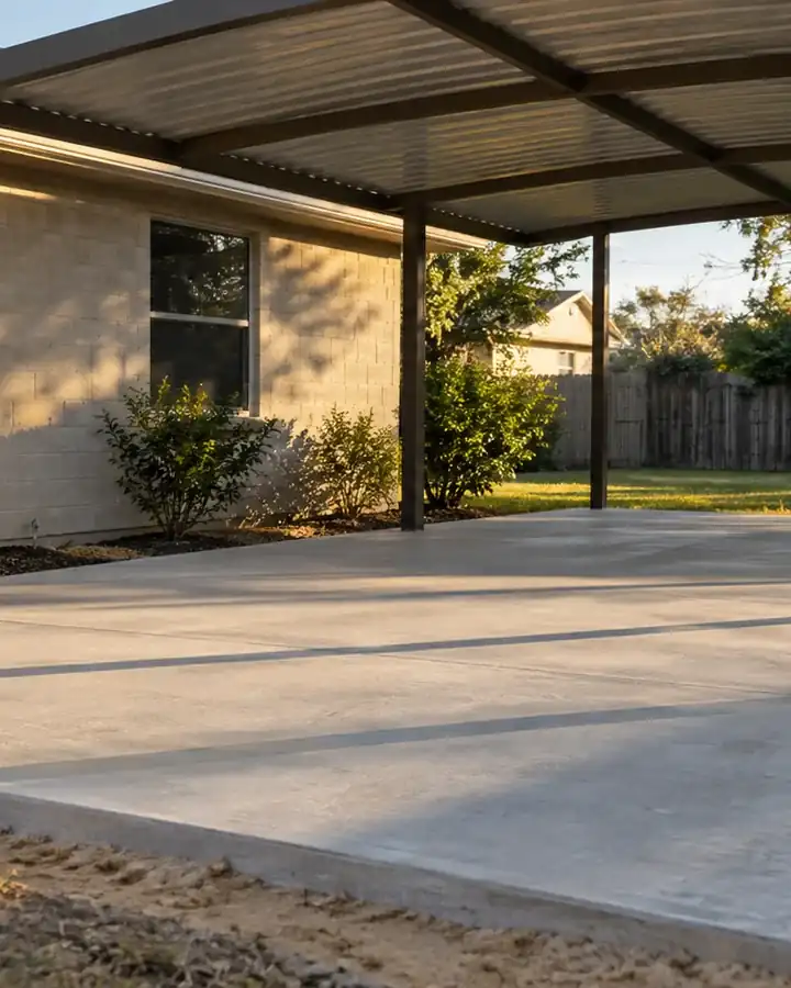 A new backyard concrete patio with a smooth finish and clean edges