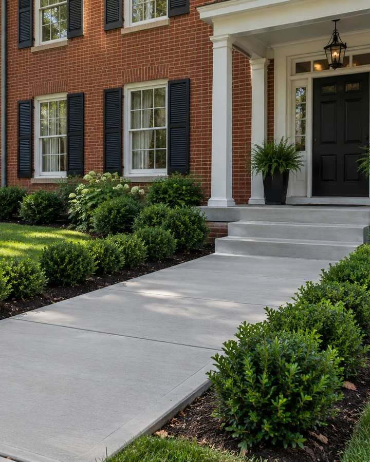 New poured concrete front walkway and steps leading to the porch of a brick home