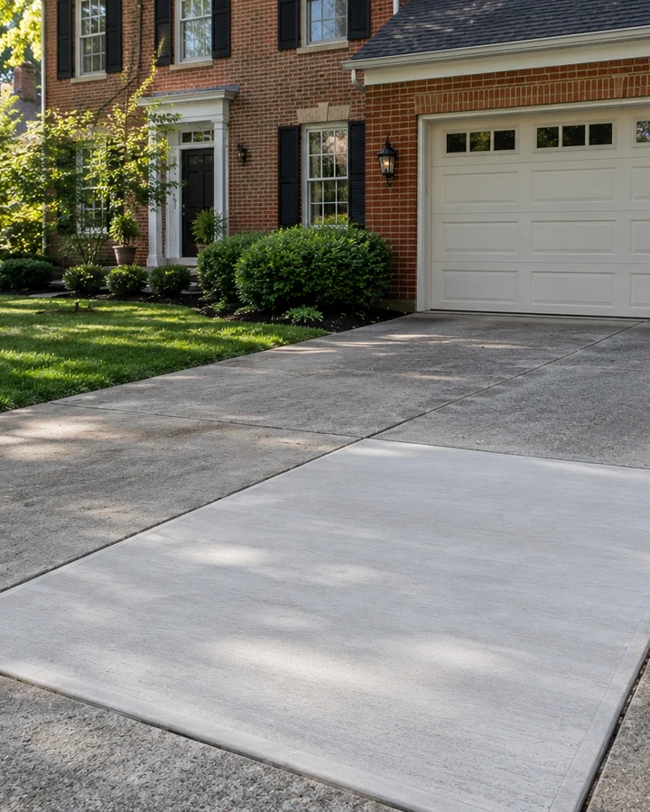 Driveway with one new concrete section poured level with the older slabs