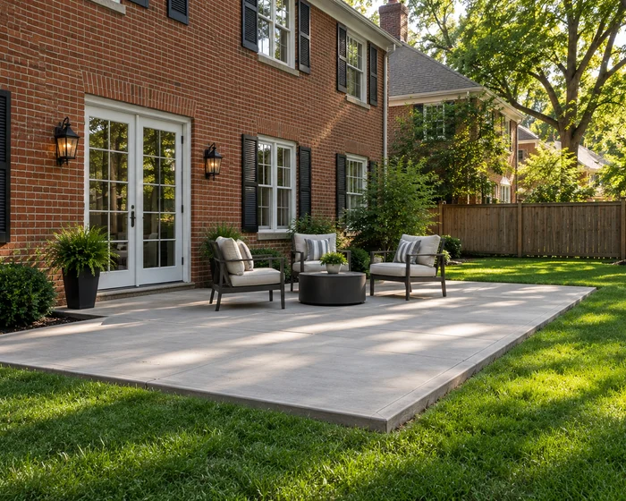 New broom finish concrete back patio behind a red brick home